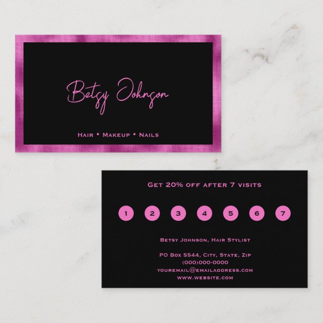 Black & Hot Pink Faux Foil Flat Loyalty Card (Front/Back)