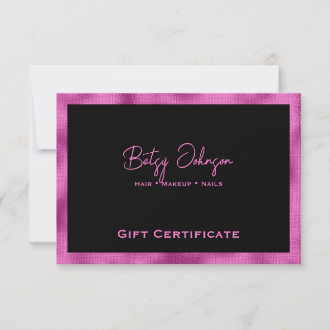 Black & Hot Pink Faux Foil Gift Certificate Card (Front)