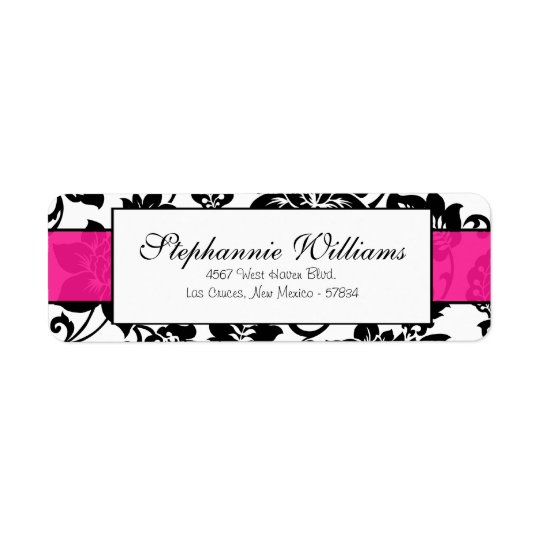 Black/Hot Pink Floral Damask Wedding Address Label