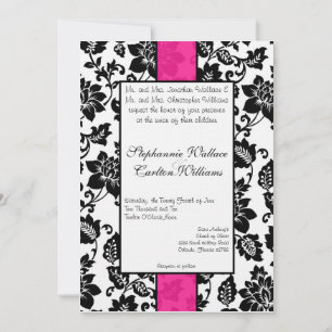 Black/Hot Pink Floral Damask Wedding Invitation