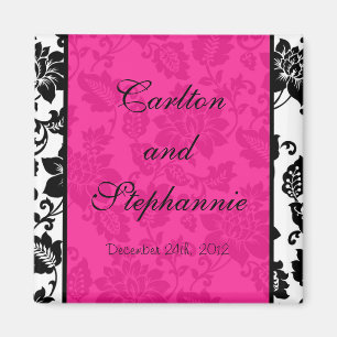 Black/Hot Pink Floral Damask Wedding Magnet Favour