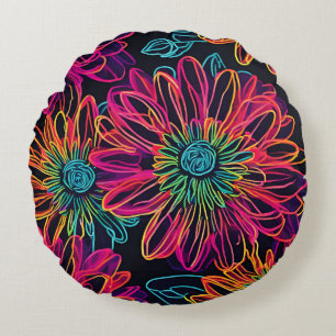 Black Hot Pink Flower Round Cushion