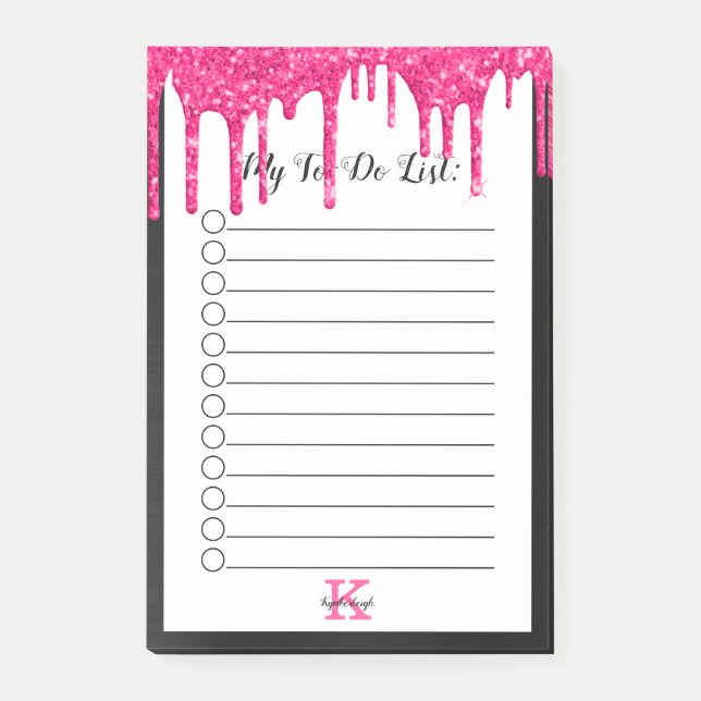 Black Hot Pink Glitter Drips Monogram To-Do List Post-it Notes (Front)