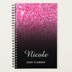 Black Hot Pink Glitter Ombre Personalised Planner