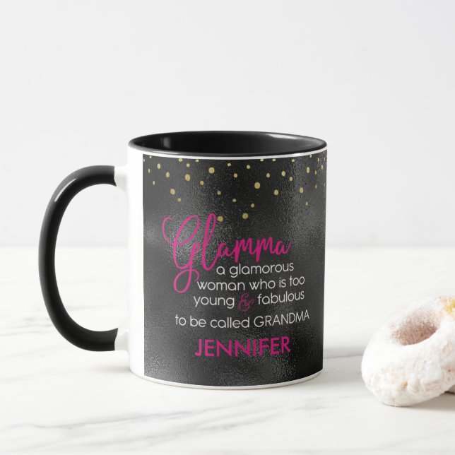 Black Hot Pink Gold Glamma Grandmother Personalise Mug (With Donut)