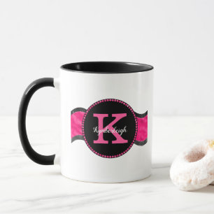 Black Hot Pink Grey Waves Girly Glam Monogram Name Mug