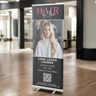 Black Hot Pink Hair Salon QR Code Monogram Photo Retractable Banner