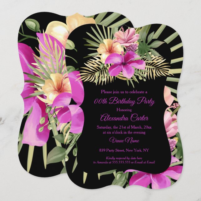 Black Hot Pink Hibiscus Tropical Floral Party Invitation (Front/Back)