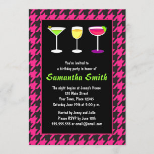 Black & Hot Pink Houndstooth Birthday Party Invitation