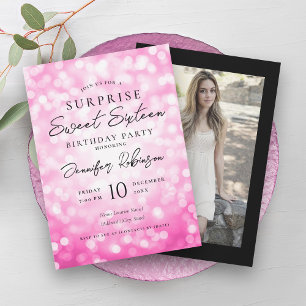 Black Hot Pink Lights Photo SURPRISE Sweet 16   Invitation