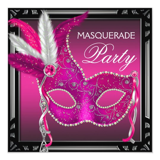 Black Hot Pink Mask Hot Pink Masquerade Party Card