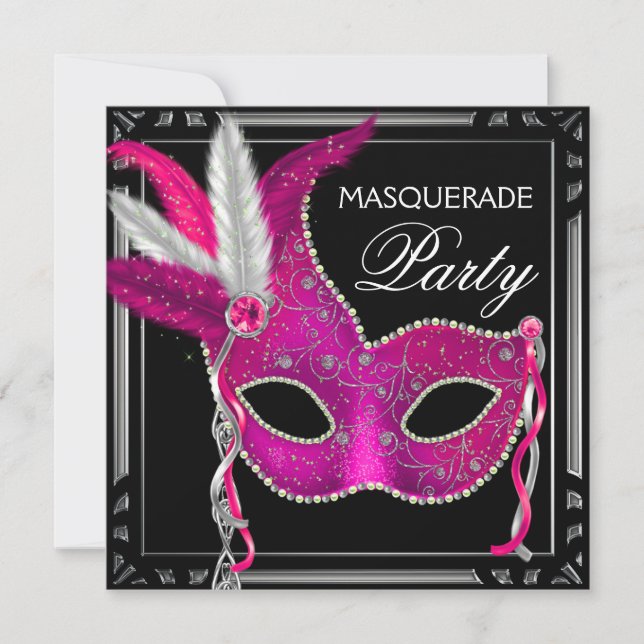 Black Hot Pink Masquerade Party Invitation (Front)