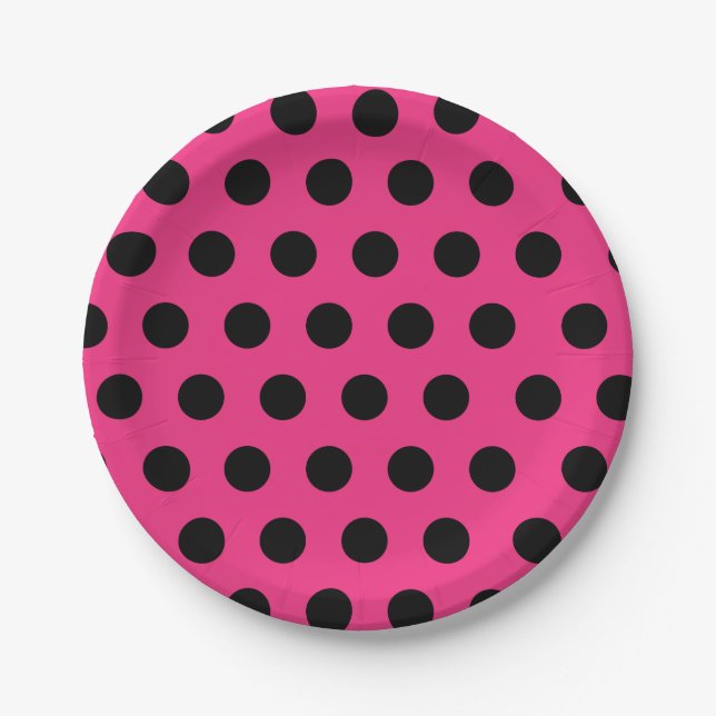 Black & Hot Pink Medium Sized Polka Dot Chic Paper Plate (Front)