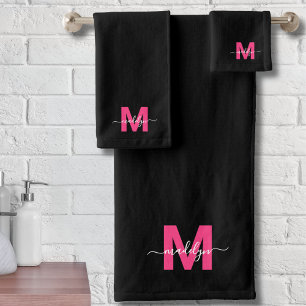 Black Hot Pink Modern Script Name Monogram Bath Towel Set