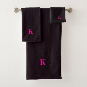 Black Hot Pink Monogram Initial Modern Custom 2026 Bath Towel Set