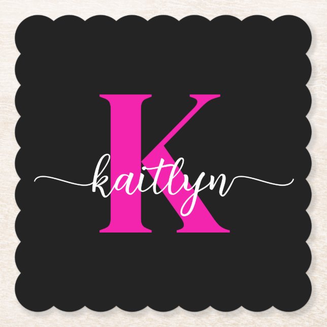 Black Hot Pink Monogram Paper Coaster (Front)