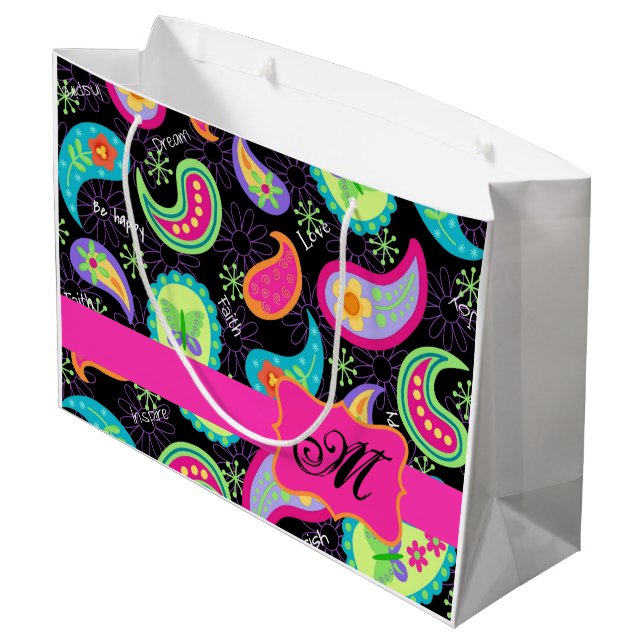 Black Hot Pink Monogram Personalised Mod Paisley Large Gift Bag (Back Angled)
