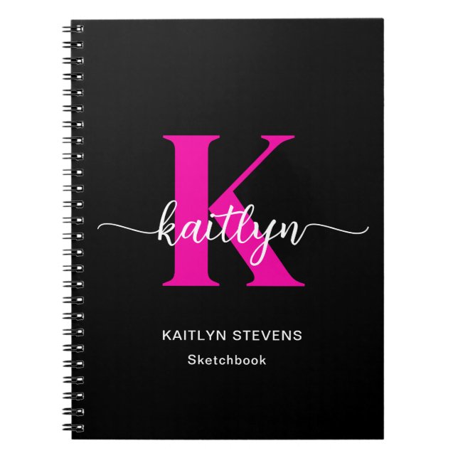 Black Hot Pink Monogram Sketchbook Notebook (Front)