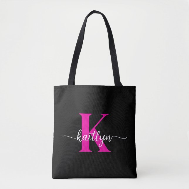 Black Hot Pink Monogram Tote Bag (Front)