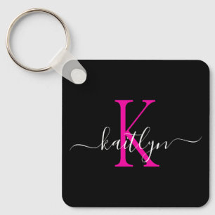 Black Hot Pink Name Initial Monogram Key Ring
