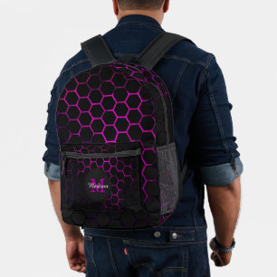 Black hot pink neon honeycomb geometry Monogram Printed Backpack