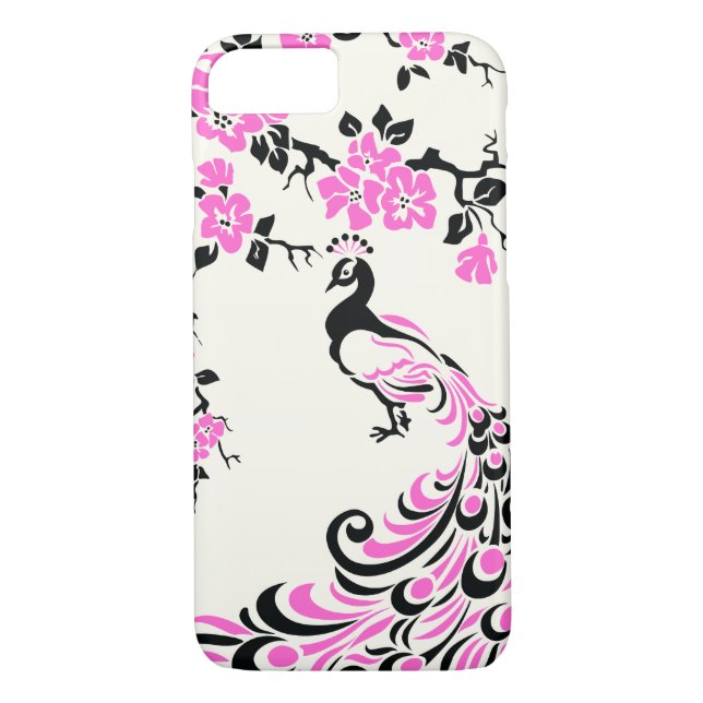 Black, hot pink peacock & cherry blossoms Case-Mate iPhone case (Back)