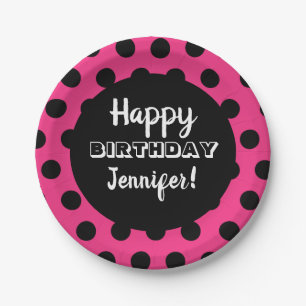 Black & Hot Pink Polka Dot Custom Birthday Paper Plate