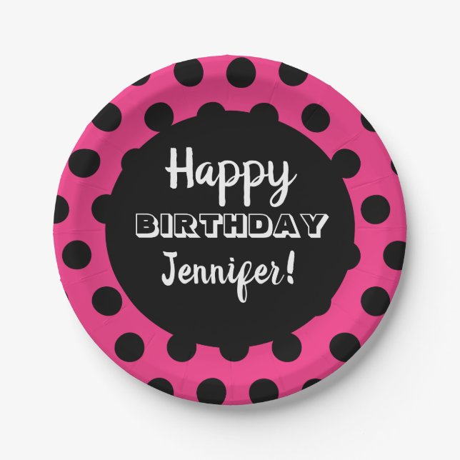 Black & Hot Pink Polka Dot Custom Birthday Paper Plate (Front)