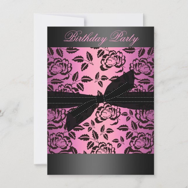 Black/Hot Pink Rose & Bow Birthday Invitation (Front)
