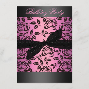 Black/Hot Pink Rose & Bow Birthday Invitation