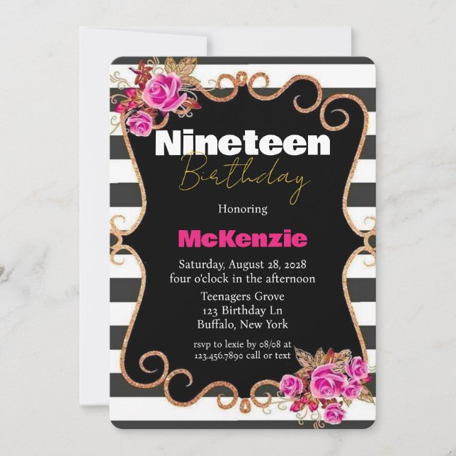 Black Hot Pink Roses Girl 19th Birthday Party Invitation (Front)