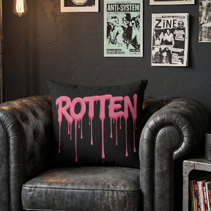 Black & Hot Pink ROTTEN Pink Dripping Text Cushion