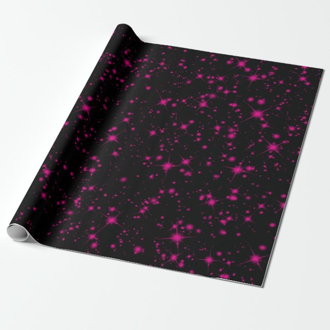 Black & Hot Pink Sparkles Sparkly Glitter Stars Wrapping Paper (Unrolled)