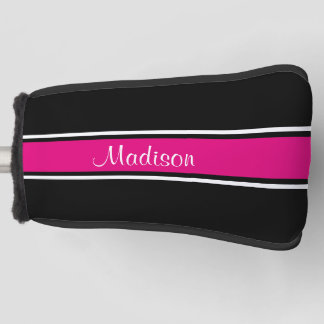 Black Hot Pink Stripe Script Name Monogram Golf Head Cover