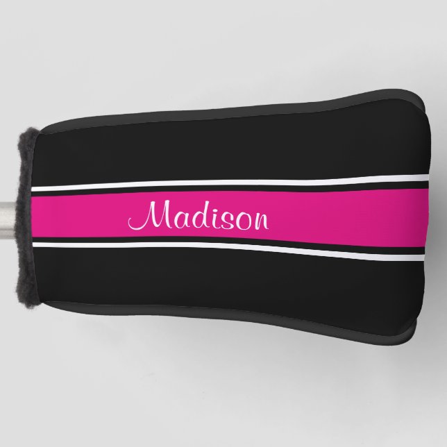 Black Hot Pink Stripe Script Name Monogram Golf Head Cover (Front)