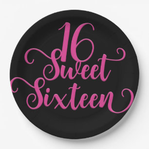 Black & Hot Pink Sweet 16 Birthday Party Paper Plate