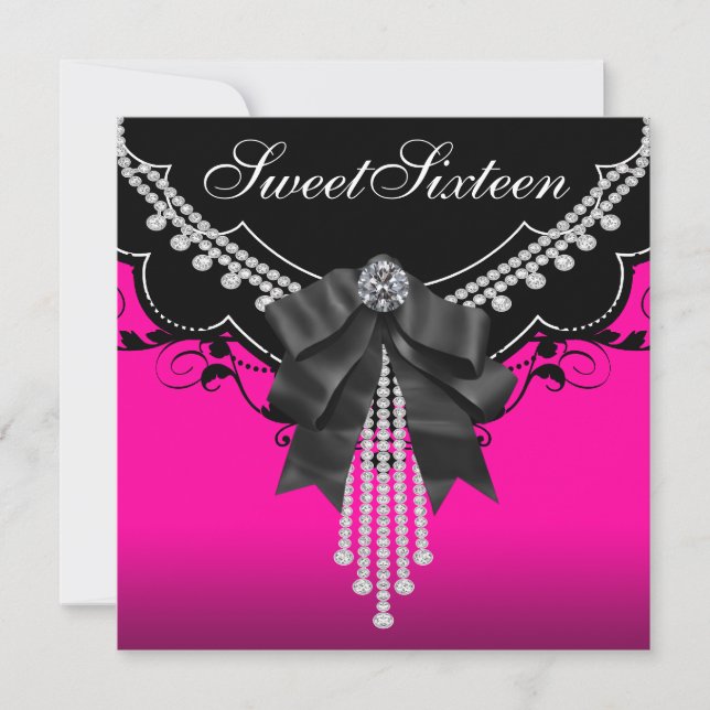 Black Hot Pink Sweet Sixteen Birthday Party Invitation (Front)