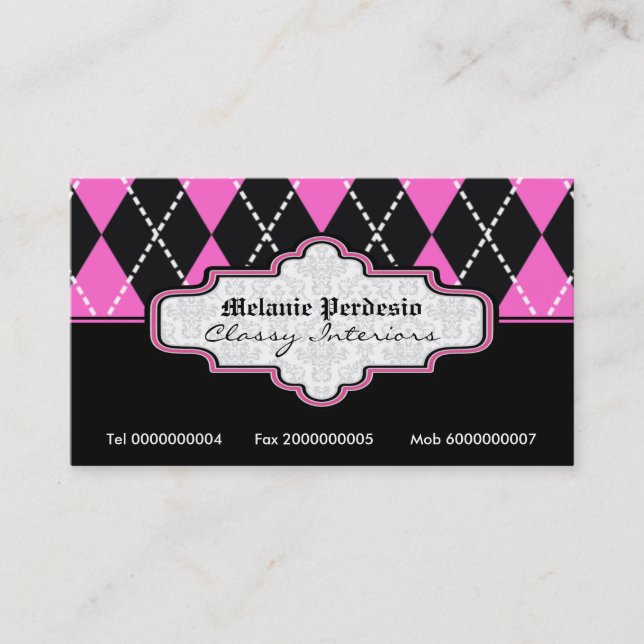 Black hot pink white argyle trendy business cards (Front)
