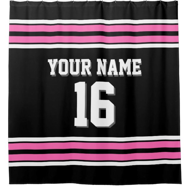 Black Hot Pink White Stripes Sports Jersey Shower Curtain (Front)