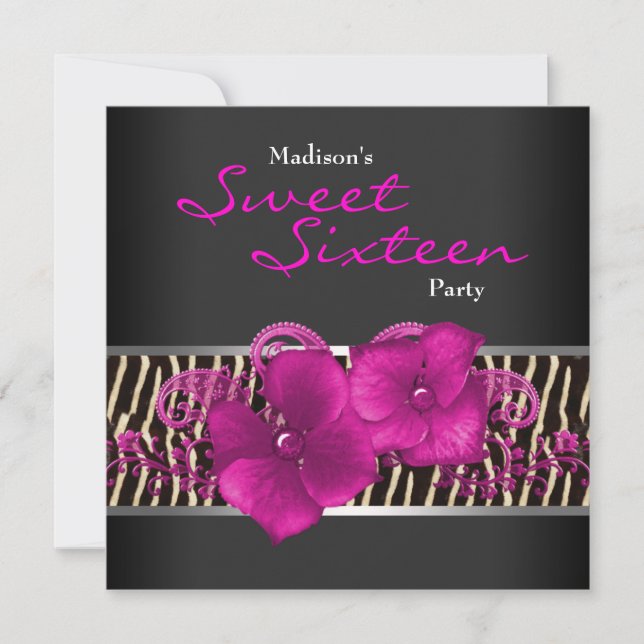 Black Hot Pink Zebra Sweet 16 Birthday Party Invitation (Front)