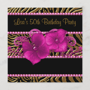 Black Hot Pink Zebra Womans 50th Birthday Party Invitation