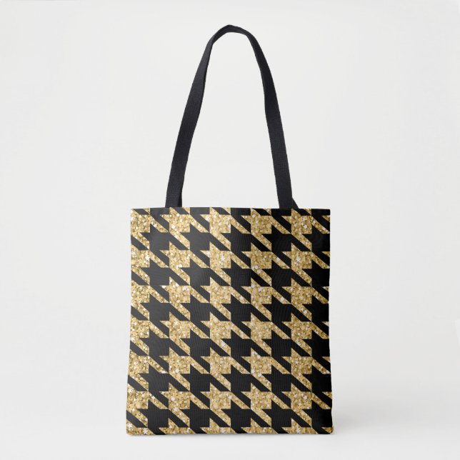 Black Houndstooth And Gold Glitter Tote Bag (Front)