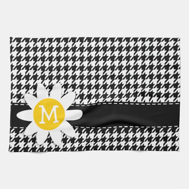 Black Houndstooth; Daisy Tea Towel (Horizontal)