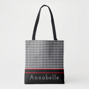 Black Houndstooth Plaid Personalize Tote Bag