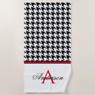Black Houndstooth Red Monogram   Beach Towel