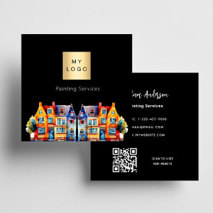 Black house painting service QR code logo Square Business Card