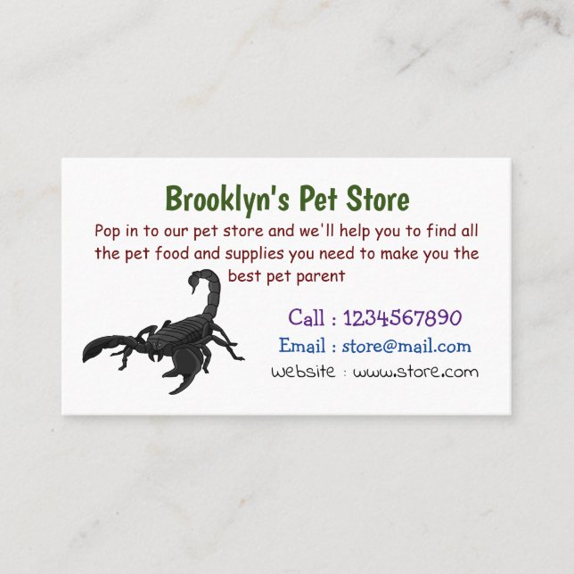 Black hungry scorpion cartoon illustration business card (Front)