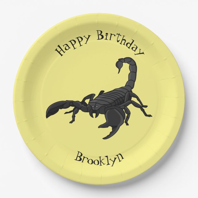 Black hungry scorpion cartoon illustration paper plate (Front)