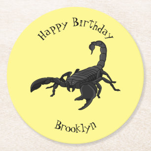 Black hungry scorpion cartoon illustration round paper coaster