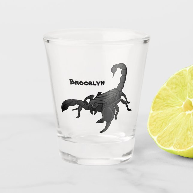Black hungry scorpion cartoon illustration shot glass (Front)